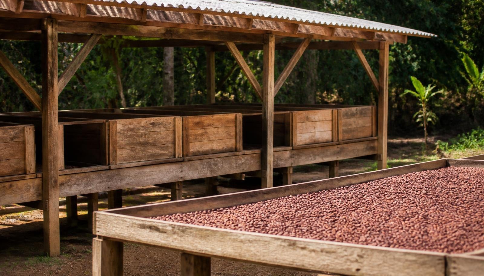 Caixas de fermentação de madeira e barcaça de secagem com amêndoas de cacau expostas ao sol em fazenda do sul da Bahia