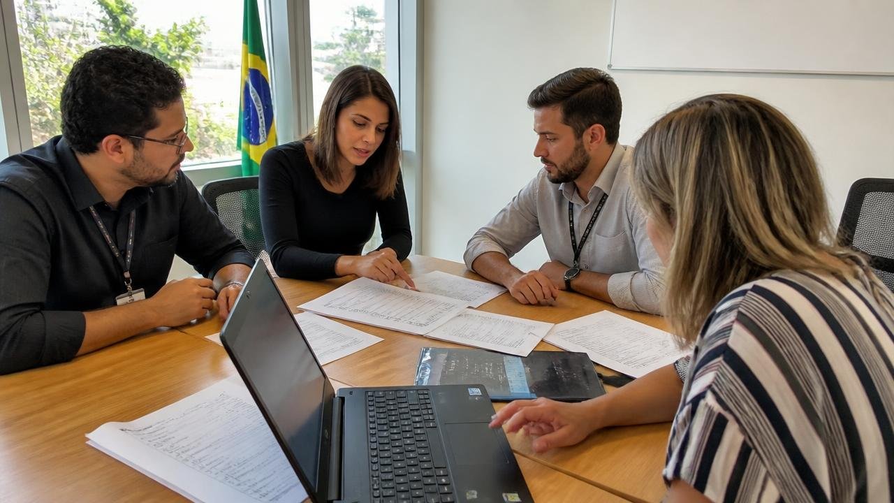 Equipe de uma empresa brasileira reunida analisando política de proteção de dados e checklist de conformidade com a LGPD sobre a mesa de reunião
