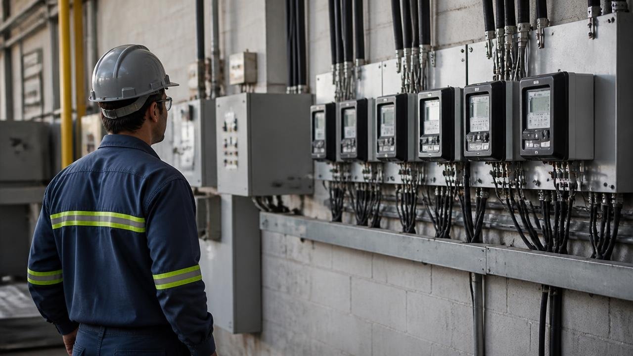 Técnico uniformizado com capacete inspecionando medidores de energia elétrica e painéis de medição em sala de utilidades de uma indústria na Bahia