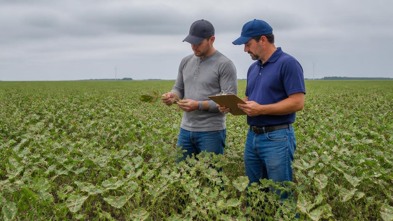 Dois agrônomos com bonés avaliando lavoura danificada por evento climático em campo aberto no oeste da Bahia, um deles com prancheta de vistoria em mãos