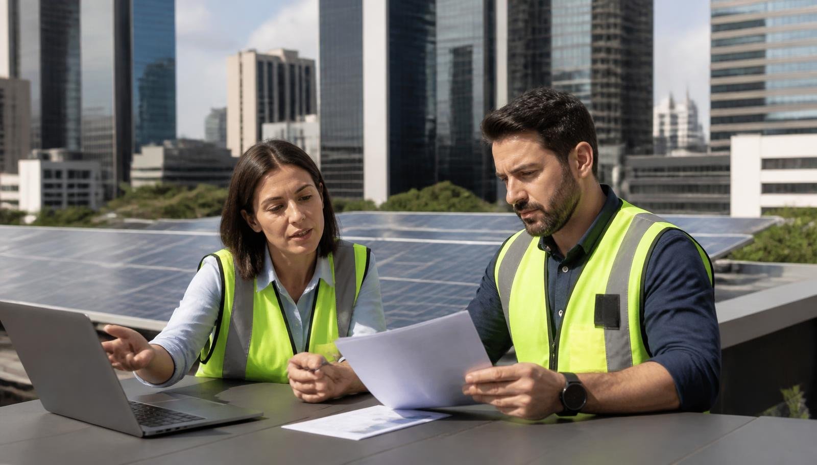 Engenheira e corretor analisando apólice de seguro de energia solar e planilha em notebook diante de usina fotovoltaica instalada em telhado comercial