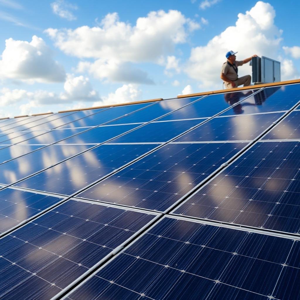 Painéis solares fotovoltaicos monocristalinos instalados no telhado de um edifício comercial em Salvador, Bahia, sob céu azul com técnico ao fundo inspecionando o inversor