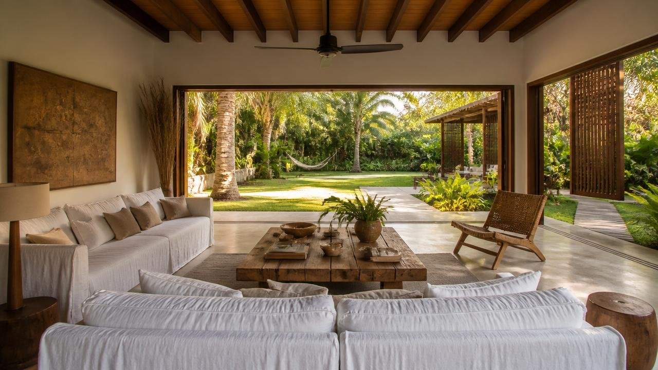 Sala de estar integrada ao jardim de villa de alto padrão no litoral sul da Bahia, com mobiliário de madeira maciça, sofás de linho claro e vista para palmeiras